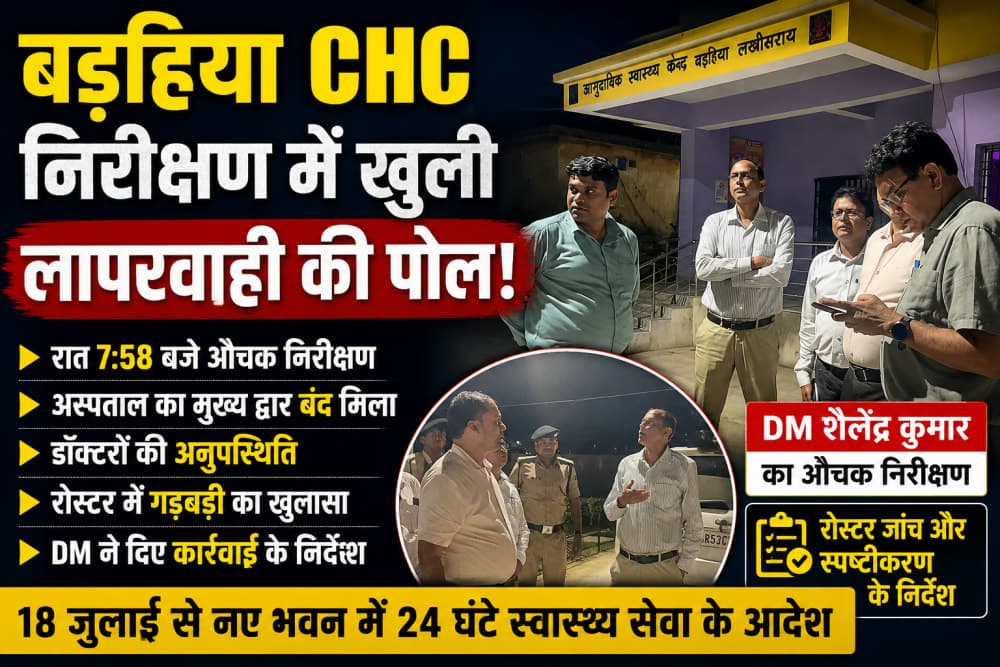 बड़हिया CHC में DM का औचक निरीक्षण: अस्पताल का मुख्य द्वार बंद मिला, डॉक्टरों की अनुपस्थिति और रोस्टर गड़बड़ी पर कार्रवाई के निर्देश