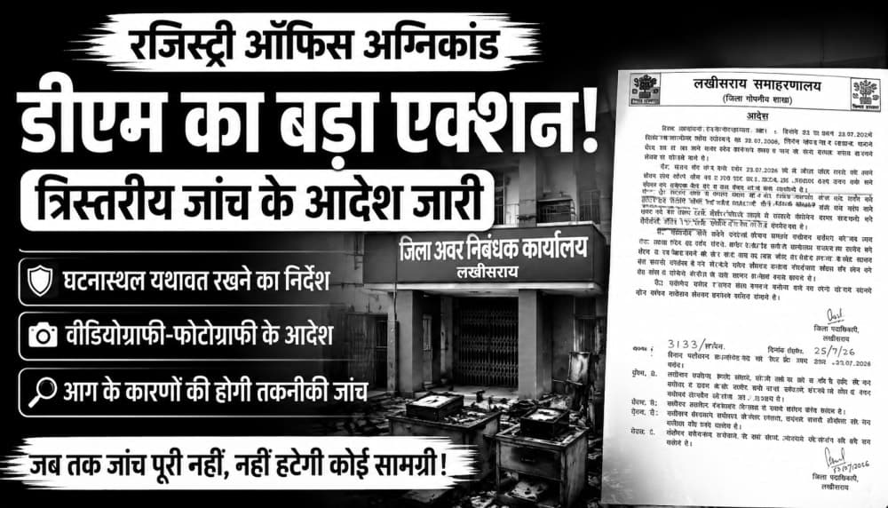 लखीसराय रजिस्ट्री ऑफिस अग्निकांड: डीएम का बड़ा आदेश, त्रिस्तरीय जांच पूरी होने तक घटनास्थल से छेड़छाड़ पर रोक