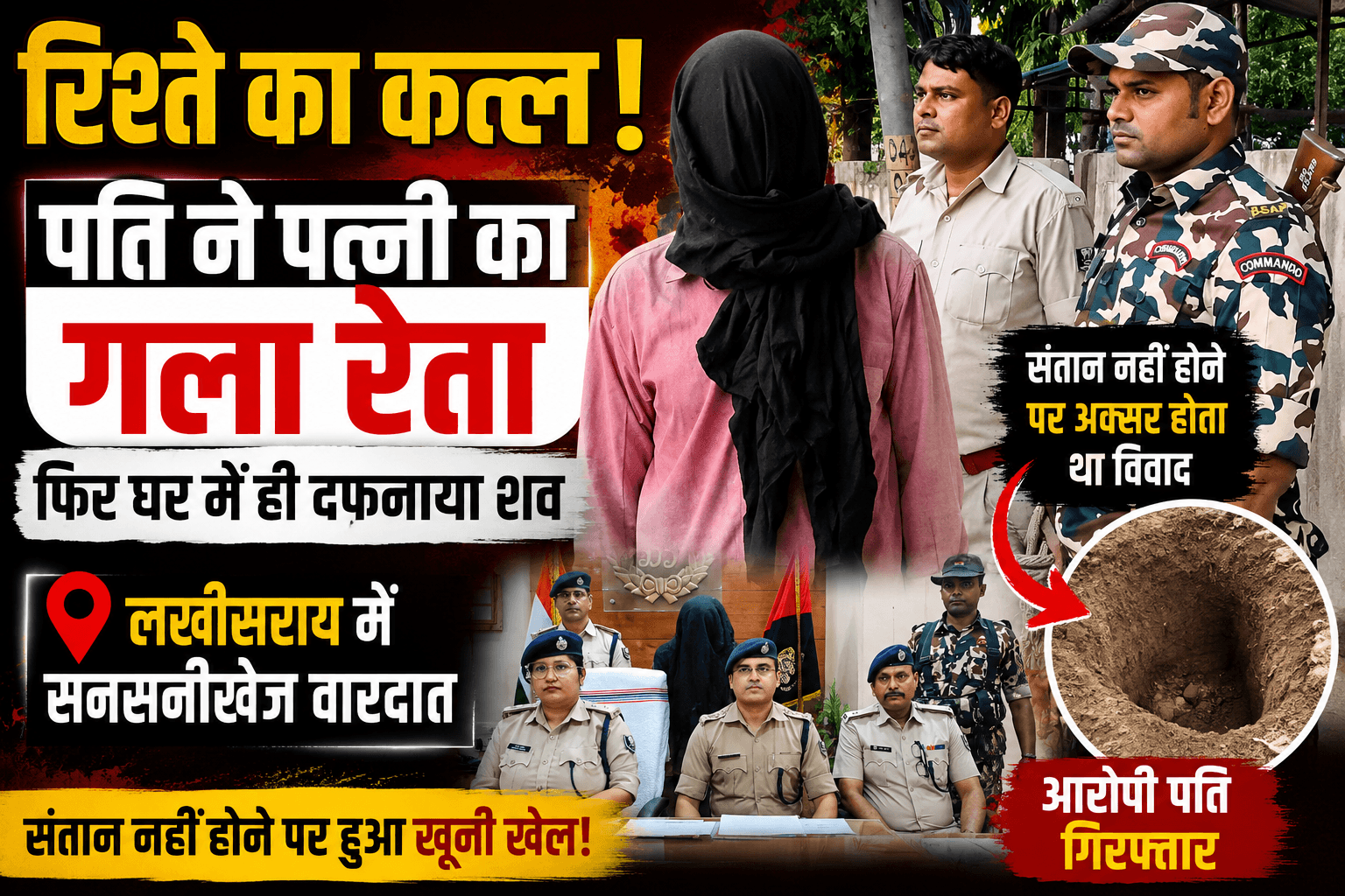 रिश्ते का कत्ल! संतान नहीं होने पर पत्नी का गला रेता, फिर घर में ही दफनाया शव; लखीसराय में सनसनी