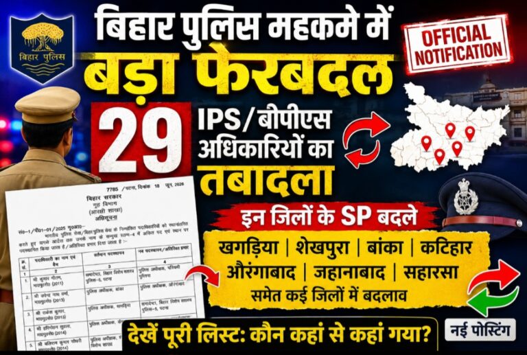 बिहार पुलिस महकमे में बड़ा फेरबदल: 29 आईपीएस/बीपीएस अधिकारियों का तबादला, बांका-औरंगाबाद से लेकर खगड़िया, कटिहार और शेखपुरा तक बदले गए एसपी